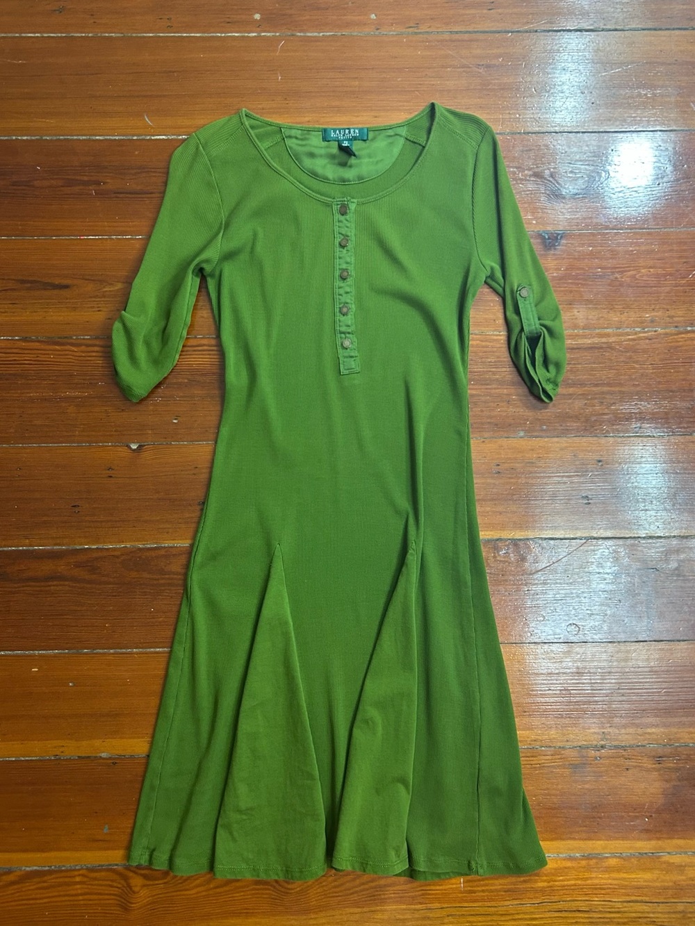Lauren Ralph Lauren Green Henley Knit Dress Sz SP 3/4 Sleeve Fit & Flare👽 - Picture 6 of 12
